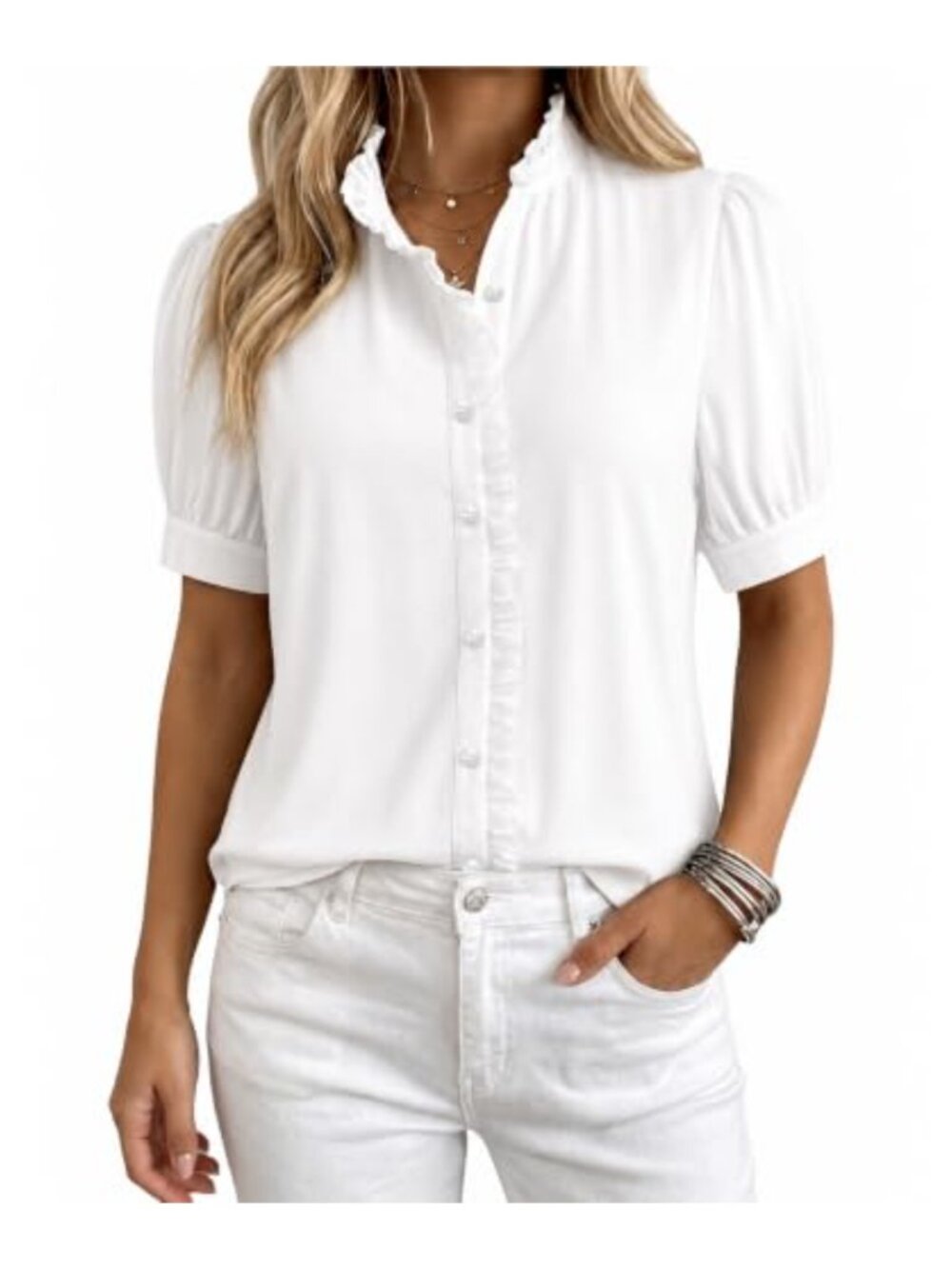 Women's Puff Short Sleeve Button Down Blouse Ruffle Neck Business Casual Top